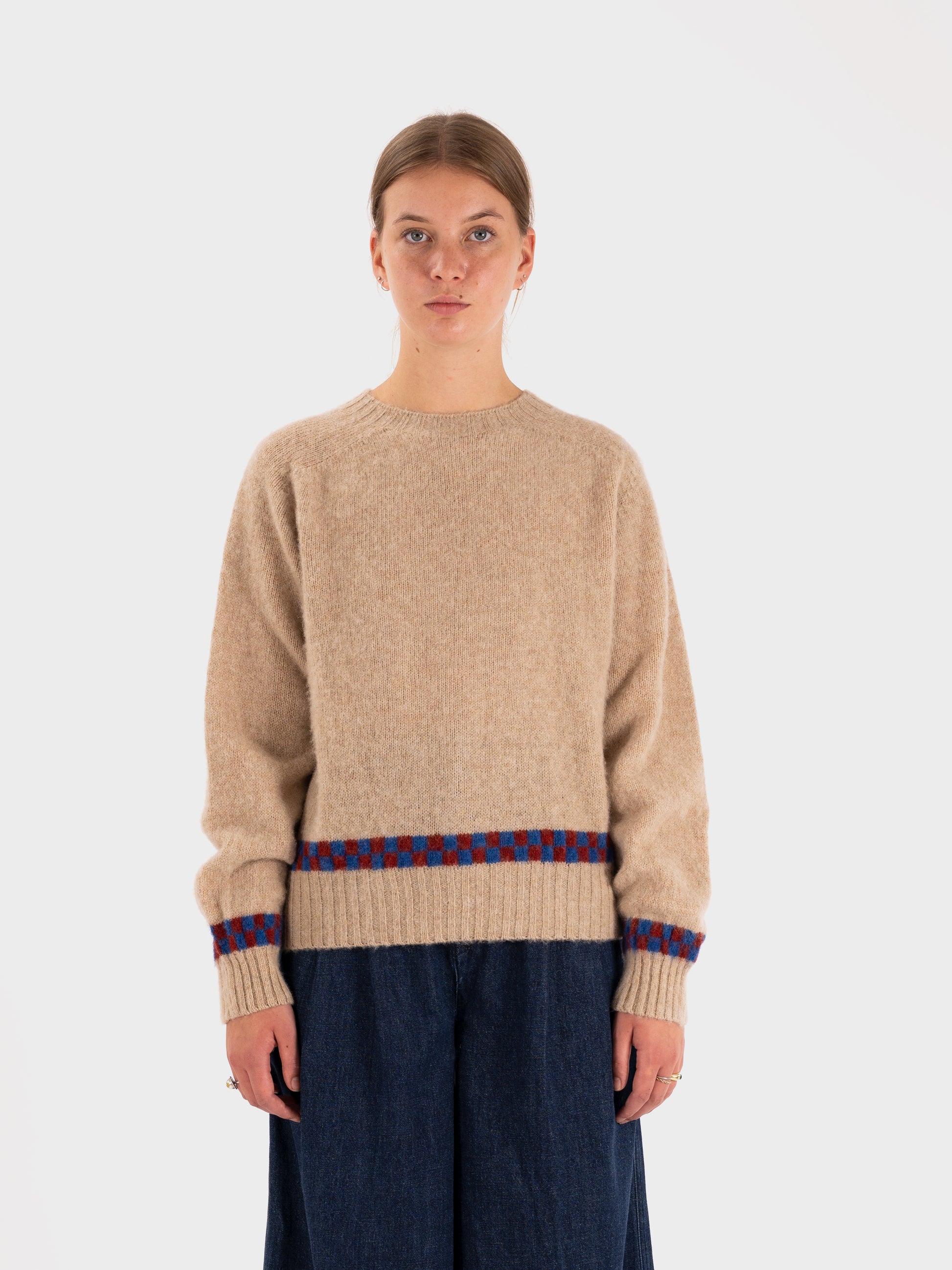 YMC Jets Checker Crew Knit - Ecru